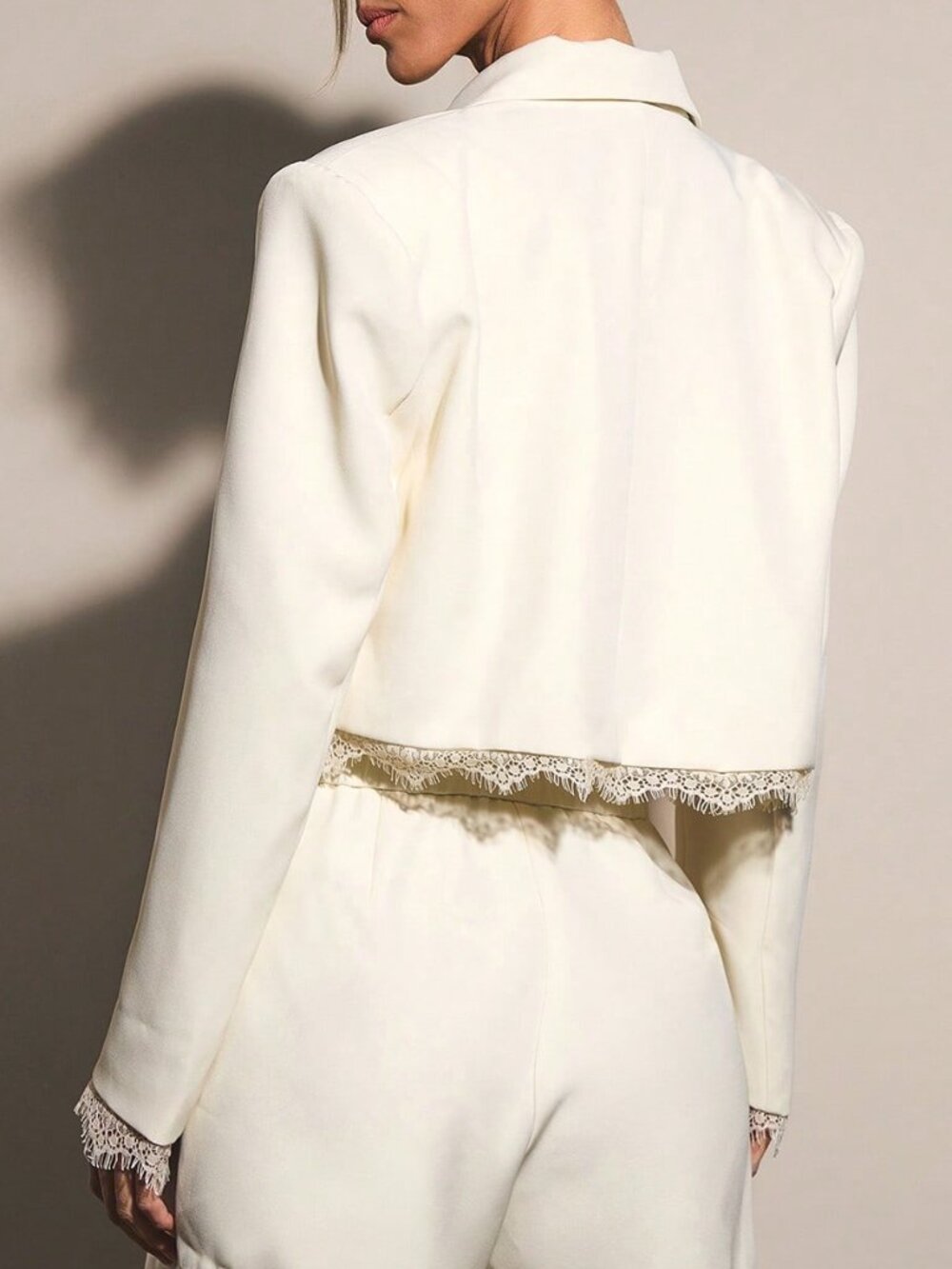 Cream Elegant Women's Double-Breasted Lace Patchwork Blazer - Picture 2 of 5